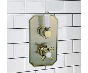 ENKI, Regent, TSV015, Antique Brass Twin Diverter Valve, Concealed Thermostatic Shower Mixer Tap Outlet for Bathrooms, Traditional Victorian Style