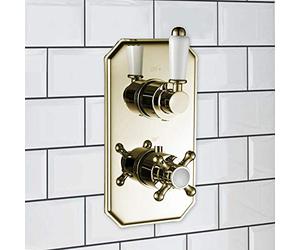 ENKI, Regent, TSV035, Gold White Single Twin Concealed Thermostatic Mixer Tap Shower Outle Valve for Bathrooms, Traditional Victorian Style