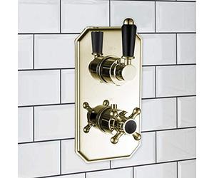 ENKI, Regent, TSV039, Black Gold Single Twin Concealed Thermostatic Mixer Tap Shower Outle Valve for Bathrooms, Traditional Victorian Style