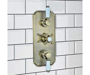 ENKI, Regent, TSV044, Antique Brass Triple Concealed Thermostatic Mixer Tap Valve with Two Outlets for Bathrooms, Traditional Victorian Style