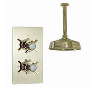 ENKI SH0261 Edward Traditional Crosshead and White Details Concealed Thermostatic Shower Set Ceiling Fixed 8" Shower Head - Gold (1 Outlet)