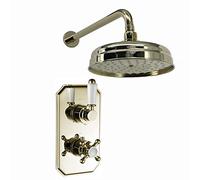 ENKI SH0270 Regent Traditional Crosshead and White Lever Concealed Thermostatic Shower Set Wall Fixed 8" Shower Head - Gold (1 Outlet)