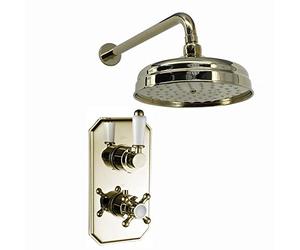 ENKI SH0270 Regent Traditional Crosshead and White Lever Concealed Thermostatic Shower Set Wall Fixed 8" Shower Head - Gold (1 Outlet)