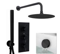 ENKI SH0460 Naples Contemporary Round Concealed Thermostatic Shower Set Incl. Triple Diverter Valve, Wall Fixed 8" Shower Head, Handshower Kit, Bath Filler Waste with Overflow - Matte Black (3 Outlet)