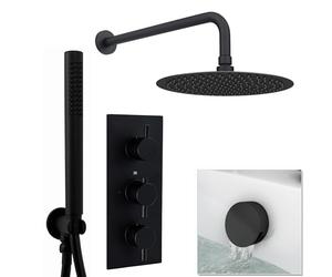 ENKI SH0460 Naples Contemporary Round Concealed Thermostatic Shower Set Incl. Triple Diverter Valve, Wall Fixed 8" Shower Head, Handshower Kit, Bath Filler Waste with Overflow - Matte Black (3 Outlet)