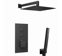 Enki Spello Matt Black Modern Bathroom Brass Wall Mounted Concealed Push Button Thermostatic Shower Mixer Valve & Handset Kit
