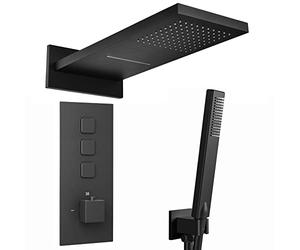 ENKI, Spello, SH0099, Square Thermostatic Concealed Shower Set with Dual Overhead Shower, Handset Kit, Black