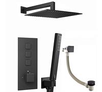 ENKI, Spello, SH0594, Square Thermostatic Concealed Shower Set with Bath Filler, Wall Overhead Shower, Handset Kit, Black