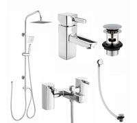 ENKI, Stella, BBT0281, Bathroom Tap Bundle incl. Bath Shower Mixer Tap with Dual Riser Rail, Basin Mixer, Bath and Basin Wastes, Chrome