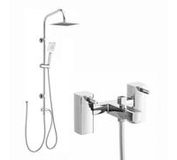 Enki Stella Chrome Silver Modern Bathroom Solid Brass Basin Bath Shower Mixer Tap Pack W/ Rigid Riser Rail Kit & Square Handset
