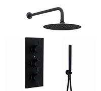 ENKI, Venice, SH0292, Contemporary Round Concealed Thermostatic Shower Set Incl. Triple Valve, Wall Fixed 8" Shower Head, Handshower Kit - Matte Black (2 Outlet)
