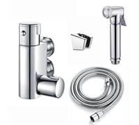 Enki Vito Chrome Modern Bathroom Solid Brass Thermostatic Shower Mixer Valve Tap Set W/ Round Handset Hose & Wall Bracket Outlet