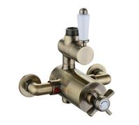 Enki Windsor Antique Brass White Modern Traditional Bathroom Ceramic Cross Handle Twin Thermostatic Shower Mixer Valve Tap Unit