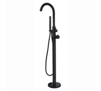 Enki Zara Matt Black Contemporary Bathroom Solid Brass Thermostatic Floorstanding Bath Shower Mixer Tap W/ Round Handset Kit