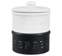 enkiware Salt and Pepper Bowls with Lid, Set of 2 - Stackable Rustic Farmhouse Decor for Your Kitchen - Containers and Boho Tabletop Accessories for Home - Ceramic Seasoning Holder for the Counter