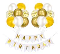 ENKU White Gold Happy Birthday Banner Balloons For Birthday Party Decorations 16x 12" Helium Confetti Balloons