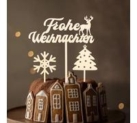 ENLACE Merry Christmas Cake Decoration Wooden Cake Topper Christmas Cake Decoration with 2 Pieces Christmas Tree Cupcake Decoration, 4 mm Thick, Merry Christmas Decoration Cake, Christmas Decoration