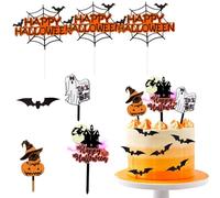 ENLACE Pack of 14 Cake Decorations, Halloween Decoration, Acrylic Cake Decoration, Witch Muffin Topper, Bat Cake Decoration, Birthday, Paper Spider Web Cake Decoration, Halloween Party, Pumpkin, Trick