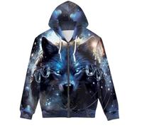ENLACHIC Men Women Novelty Zip Up Hoodie 3D Print Graphic Hoodies Long Sleeve Drawstring Pullover Sweatshirts, Blue Galaxy Wolf, XXL