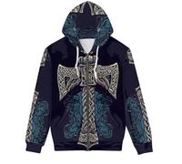 ENLACHIC Men Women Novelty Zip Up Hoodie 3D Print Graphic Hoodies Long Sleeve Drawstring Pullover Sweatshirts, Viking Thor's Hammer, 3XL