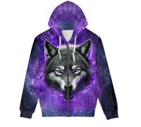 ENLACHIC Men Women Novelty Zip Up Hoodie 3D Print Graphic Hoodies Long Sleeve Drawstring Pullover Sweatshirts, Purple Galaxy Wolf, L