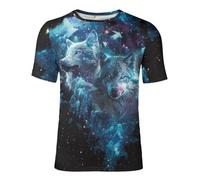 ENLACHIC Men's 3D Print Native Americans Tribal Casual Summer Tee Shirt T-Shirt, Blue Galaxy Couple Wolf, XXL