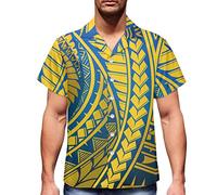 ENLACHIC Men's Casual Polynesian Tribal Tattoo Print Short Sleeve Casual Button Down Hawaiian Shirts, Yellow Blue Polynesian, Large