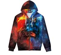 ENLACHIC Men's Cool Wolf Galaxy 3D Printed Zip up Hoodie Pullover Hooded Sweatshirt Hoodies with Pockets, Blue and Red Firewolf, 4XL