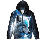 ENLACHIC Men's Cool Wolf Galaxy 3D Printed Zip up Hoodie Pullover Hooded Sweatshirt Hoodies with Pockets, Blue Lightning Wolf, 5XL
