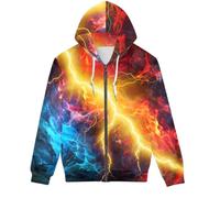 ENLACHIC Men's Cool Wolf Galaxy 3D Printed Zip up Hoodie Pullover Hooded Sweatshirt Hoodies with Pockets, Red Blue Lightning, 3XL