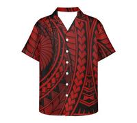 ENLACHIC Men's Polynesian Tribal Print Casual Short Sleeve Button Down Summer Beach Aloha Hawaiian Shirts, Red American Samoa, Medium