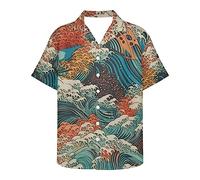 ENLACHIC Men's Van Gogh Oil Painting Printed Button Down Short Sleeve Hawaiian Tee Shirts, Colorful Great Wave Off Kanagawa, Large