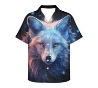 ENLACHIC Men's Van Gogh Oil Painting Printed Button Down Short Sleeve Hawaiian Tee Shirts, Galaxy White Fox, Large