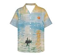 ENLACHIC Men's Van Gogh Oil Painting Printed Button Down Short Sleeve Hawaiian Tee Shirts, Monet Impression Sunrise, Large