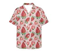 ENLACHIC Men's Van Gogh Oil Painting Printed Button Down Short Sleeve Hawaiian Tee Shirts, Pink Strawberry, Large
