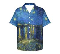 ENLACHIC Men's Van Gogh Oil Painting Printed Button Down Short Sleeve Hawaiian Tee Shirts, Starry Night Over the Rhone, XL