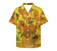 ENLACHIC Men's Van Gogh Oil Painting Printed Button Down Short Sleeve Hawaiian Tee Shirts, Sunflower Oil Painting, Medium