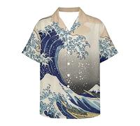 ENLACHIC Men's Van Gogh Oil Painting Printed Button Down Short Sleeve Hawaiian Tee Shirts, The Great Wave of Kanagawa, 3XL
