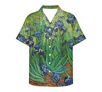 ENLACHIC Men's Van Gogh Oil Painting Printed Button Down Short Sleeve Hawaiian Tee Shirts, Van Gogh Irises, Medium