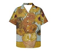 ENLACHIC Men's Van Gogh Oil Painting Printed Button Down Short Sleeve Hawaiian Tee Shirts, Van Gogh Sunflower, Large
