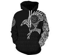 ENLACHIC Men's Viking Tattoo 3D Digital Print Hoodies Pullover Sweatshirt - Black - S