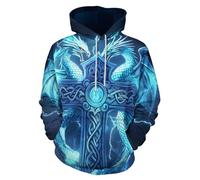 ENLACHIC Men's Viking Tattoo 3D Digital Print Hoodies Pullover Sweatshirt, Blue Dragon Cross, 6XL