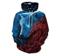 ENLACHIC Men's Viking Tattoo 3D Digital Print Hoodies Pullover Sweatshirt, Blue Wolf Red Totem, XL
