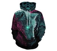 ENLACHIC Men's Viking Tattoo 3D Digital Print Hoodies Pullover Sweatshirt, Pink Green Viking Wolf, 3XL