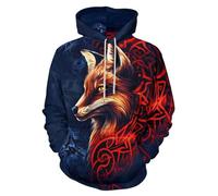 ENLACHIC Men's Viking Tattoo 3D Digital Print Hoodies Pullover Sweatshirt, Viking Fox Totem, XL