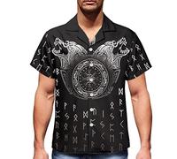 ENLACHIC Men's Viking Totem 3D Print Summer Short Sleeve Button Down Hawaiian Shirts, Two Wolf Compass, XL