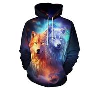 ENLACHIC Men's Viking Totem Hoodie 3D Digital Print Long Sleeve Pullover Sweatshirt Hoodies, Blue Eye Cool Wolf, XXL