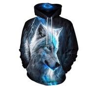 ENLACHIC Men's Viking Totem Hoodie 3D Digital Print Long Sleeve Pullover Sweatshirt Hoodies, Blue Lightning Wolf, XL