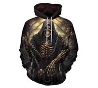ENLACHIC Men's Viking Totem Hoodie 3D Digital Print Long Sleeve Pullover Sweatshirt Hoodies, Grim Reaper Chain, XXL