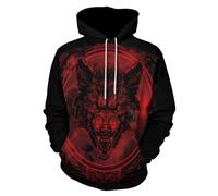 ENLACHIC Men's Viking Totem Hoodie 3D Digital Print Long Sleeve Pullover Sweatshirt Hoodies, Red Viking Wolf, 5XL